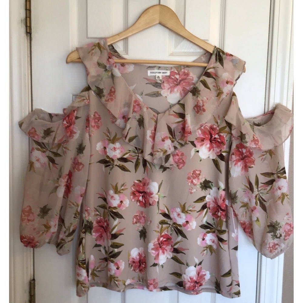 NWT Perseption Concept Beige Yellows Floral Sunflower Cold Shoulder Top Size XL